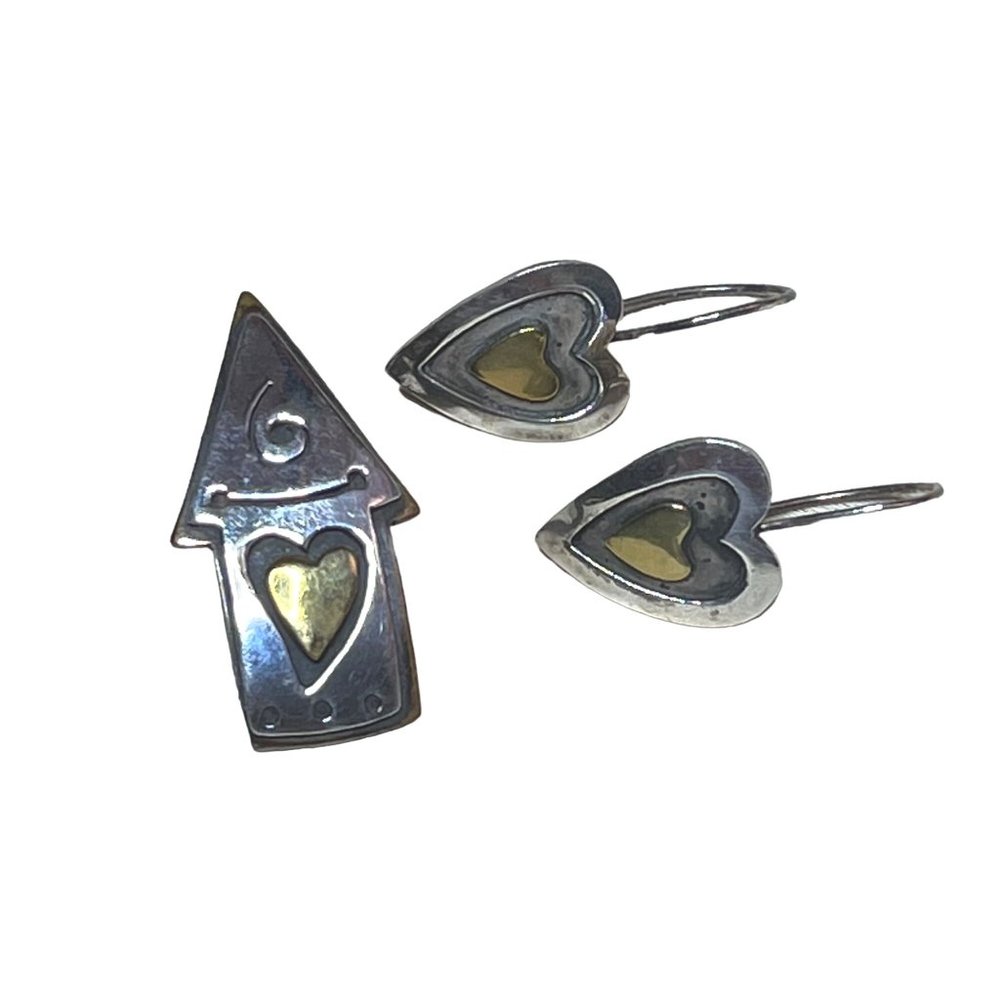 Sterling Silver Artisan Jewelry Pin & Earrings Set Heart Shaped Mexico